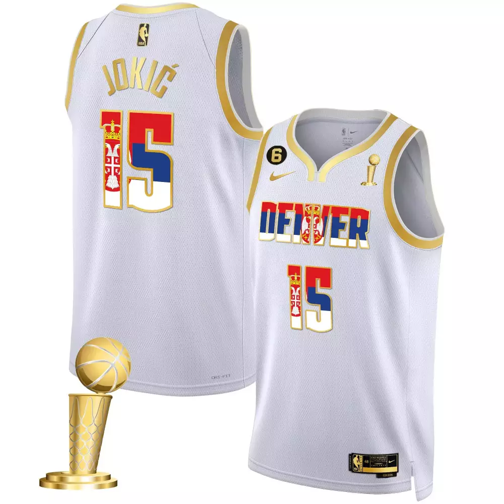Nikola Jokic Denver Nuggets Serbia Flag Champions Jersey | White Gold Stitched | Fan Gear for Men, Women & Youth