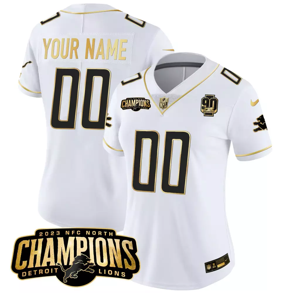 White Gold Women's Detroit Lions 2023 NFC North Champions Gold Vapor Custom Jersey V2 | Stitched Fan Gear | For Men, Women & Youth