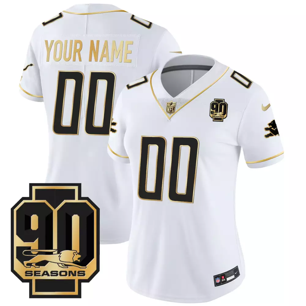 White Gold Women's Detroit Lions 90th Year Patch Gold Custom Jersey | Stitched Fan Gear | For Men, Women & Youth