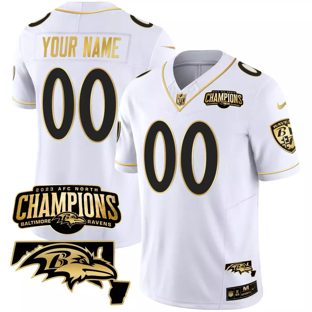 Baltimore Ravens 2023 AFC North Champions Jersey | White Gold Maryland Patch | Custom Stitched Gear for Youth