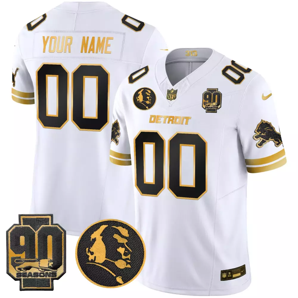 White Gold Youth Detroit Lions 2024 90th John Madden Patch Gold Vapor Limited Custom Jersey V2 | Stitched Fan Gear | For Men, Women & Youth