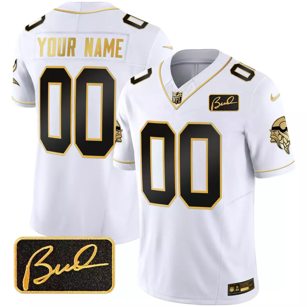 Minnesota Vikings Bud Grant Patch Custom Jersey V2 | White Gold Limited Edition | Stitched Fan Gear for Youth