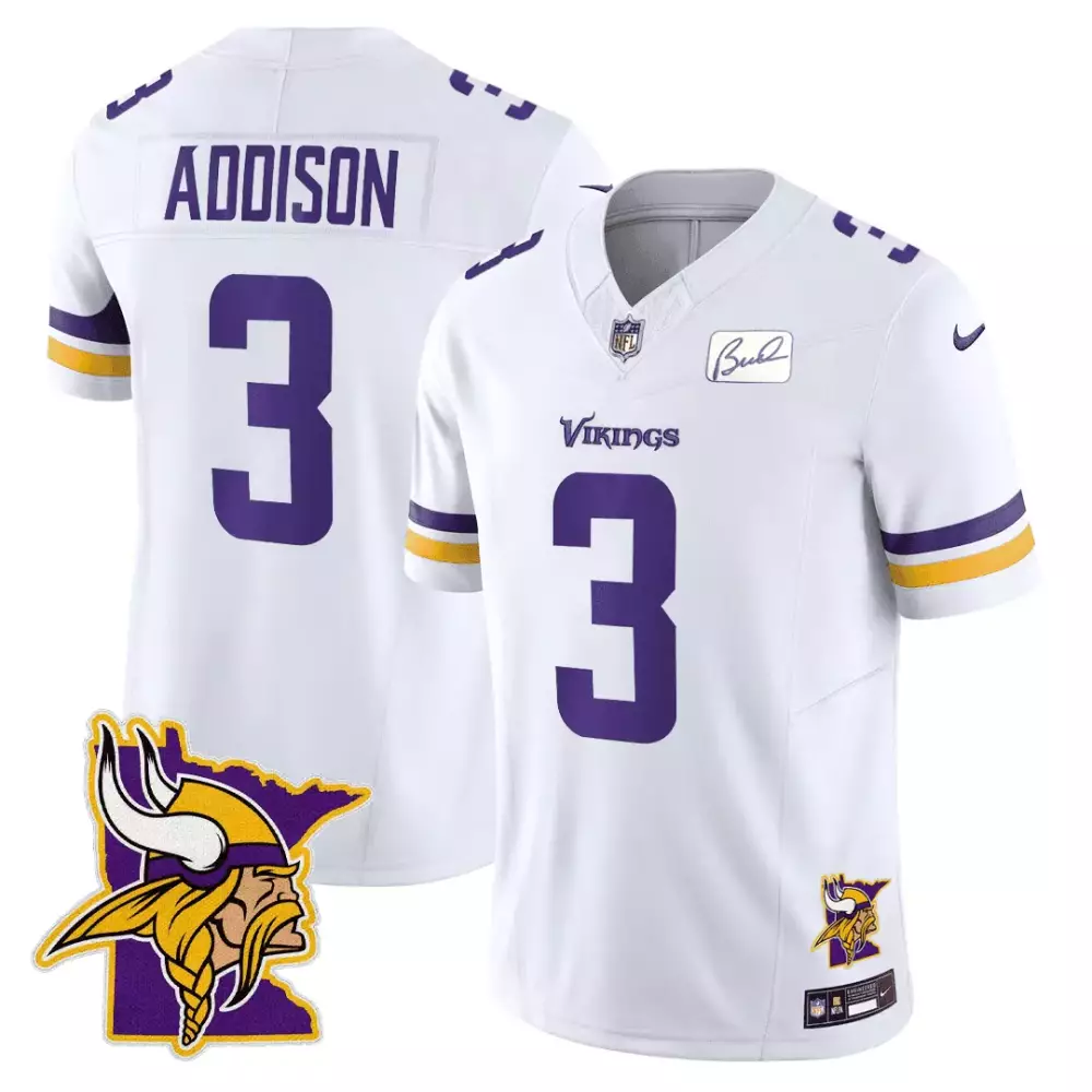 White Jordan Addison Men's Minnesota Vikings Honor Bud Grant Jersey | Minnesota Map Patch Limited Edition | For Men, Women & Youth