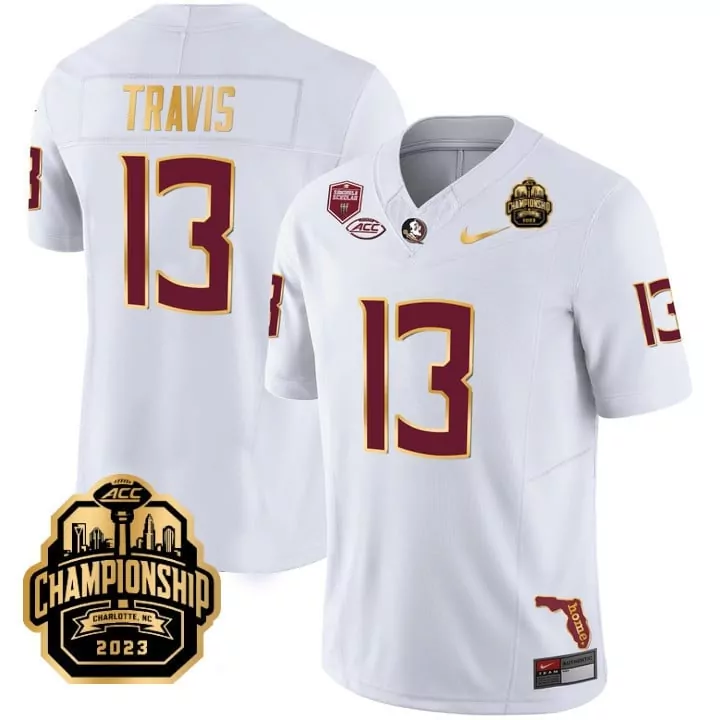 Jordan Travis Florida State Seminoles White ACC Champions Patch Jersey | Vapor Limited Gold Edition | Custom Stitched Fan Gear | For Men, Women & Youth