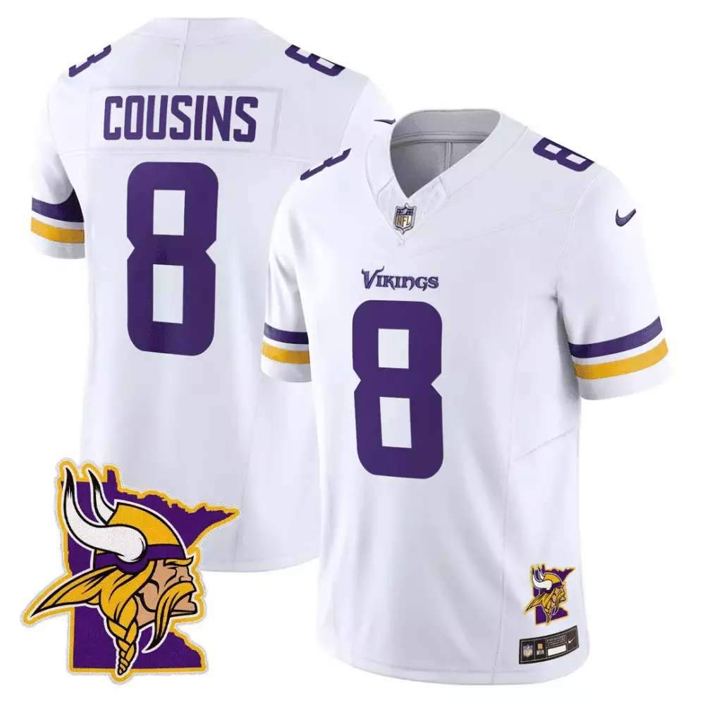White Kirk Cousins Men's Minnesota Vikings Minnesota Map Patch Limited Jersey | All Stitched | For Men, Women & Youth