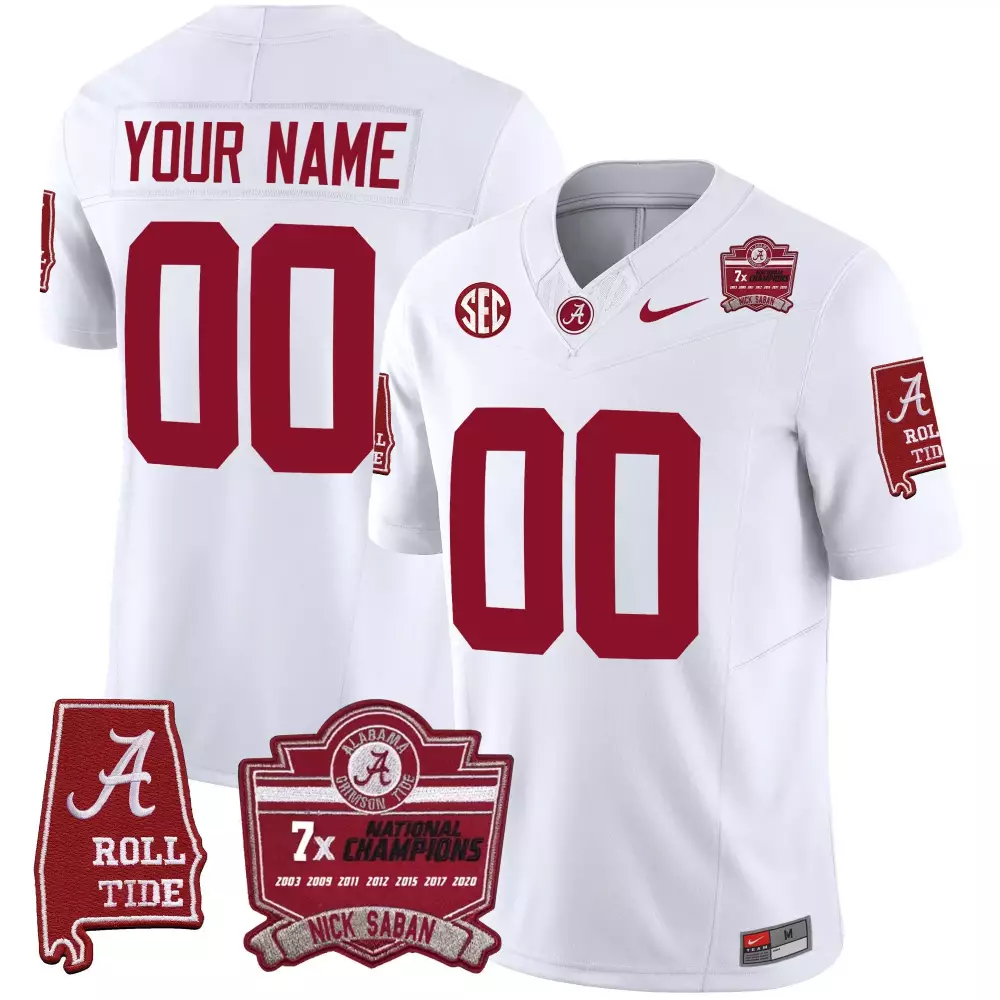 Nick Saban White Alabama Crimson Tide 7X Champions Patch Vapor Custom Jersey | All Stitched for Men, Women & Youth