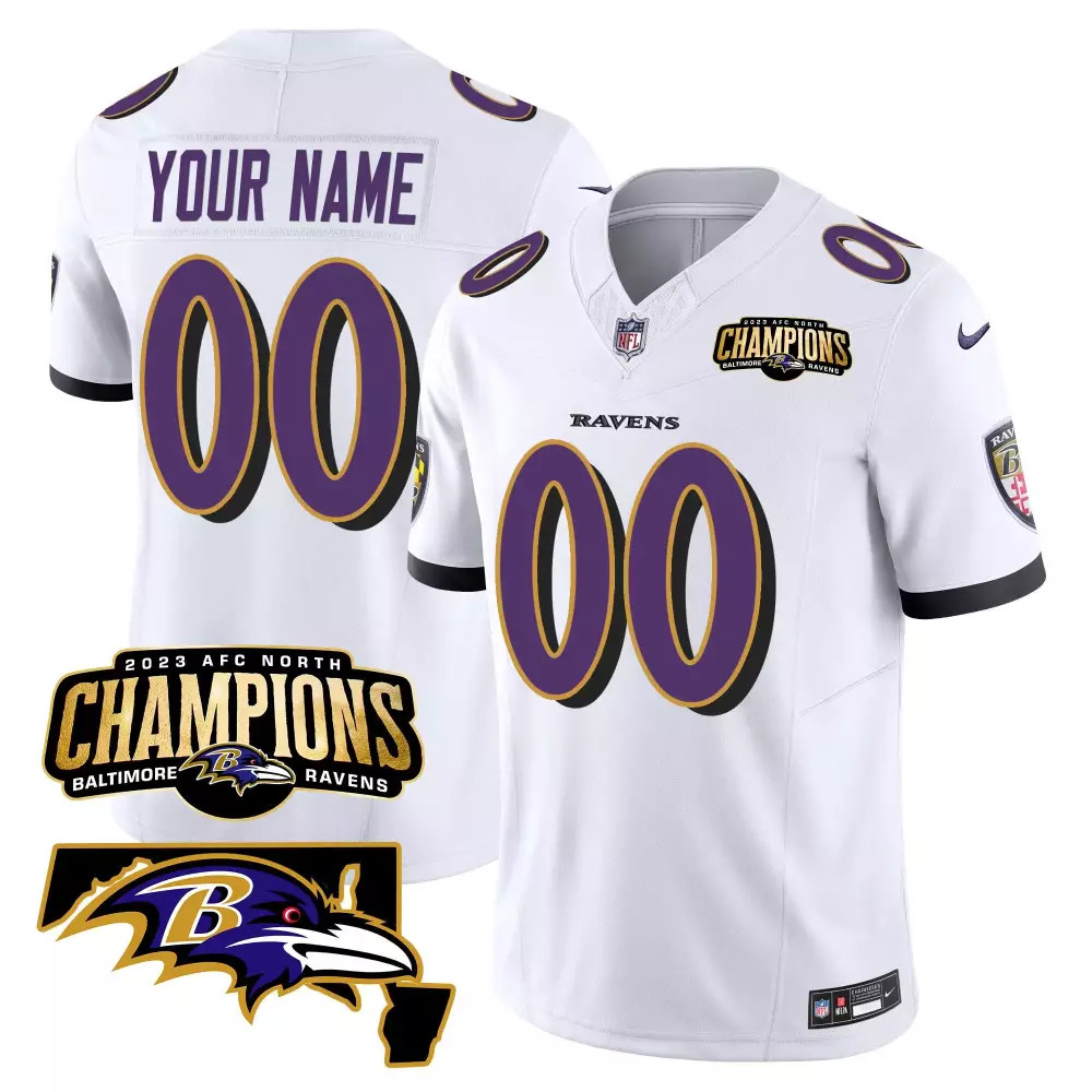 White Men's Baltimore Ravens 2023 AFC North Champions Maryland Patch Vapor Custom Jersey | All Stitched Fan Gear for Game Day | For Men, Women & Youth