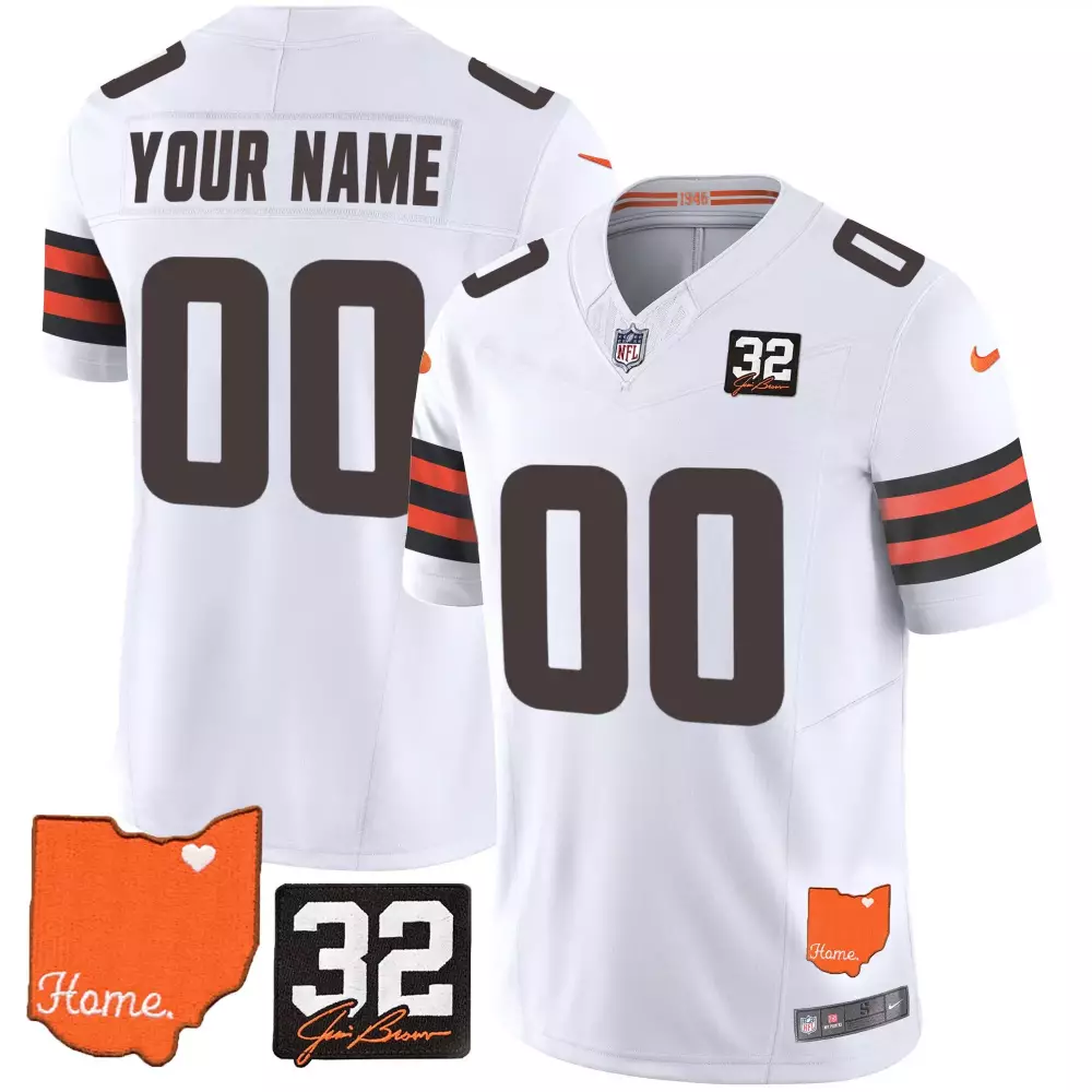 Jim Brown Cleveland Browns White Men's Custom Jersey | Memorial Home Patch Stitched Fan Gear | For Men, Women & Youth