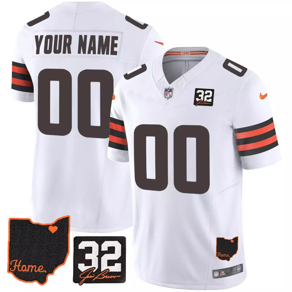 Jim Brown Cleveland Browns White Men's Custom Jersey V3 | Memorial Home Patch Stitched Fan Gear | For Men, Women & Youth