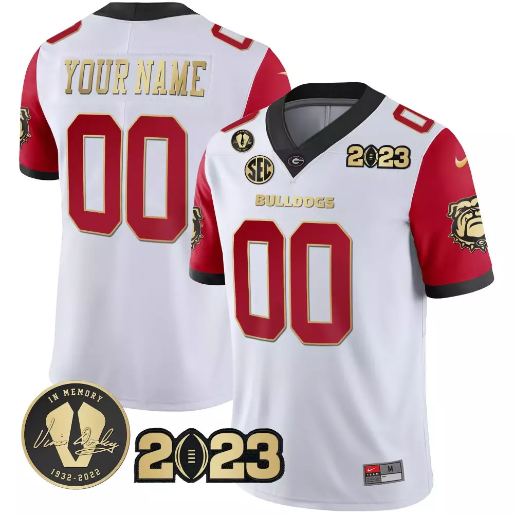 White Men's Georgia Bulldogs | 2023 Champions Gold Color Sleeves Custom Jersey | All Stitched | For Men, Women & Youth