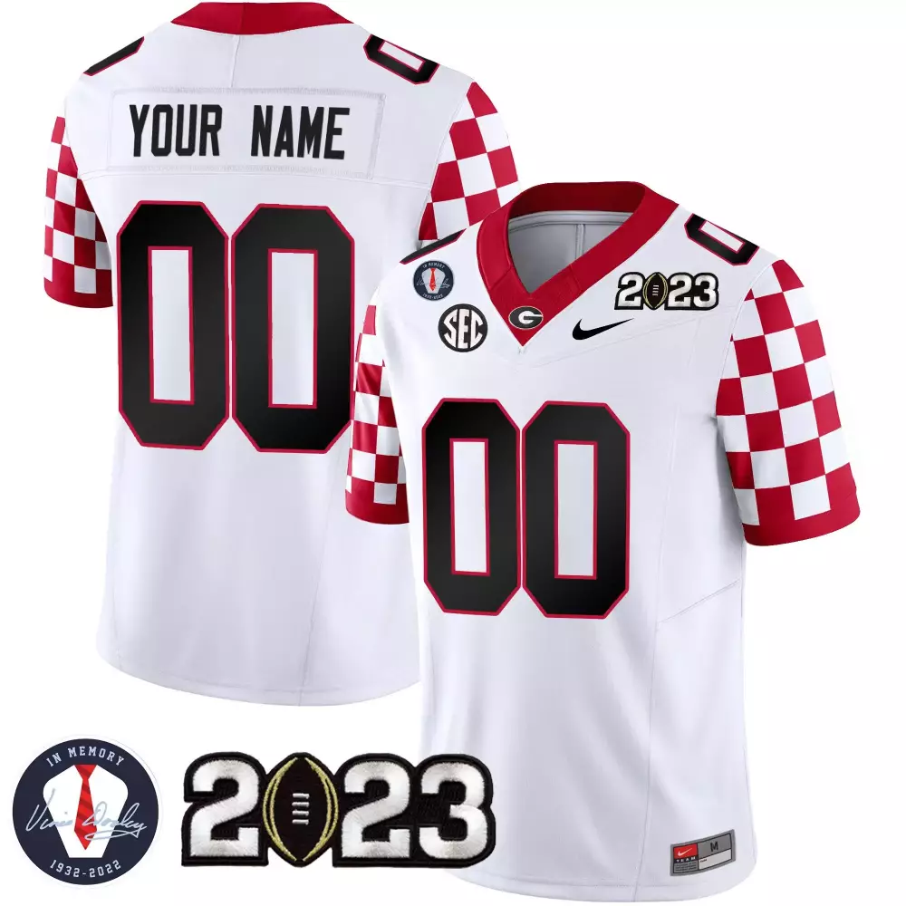 White Men's Georgia Bulldogs | Checkerboard Custom Jersey | All Stitched | For Men, Women & Youth