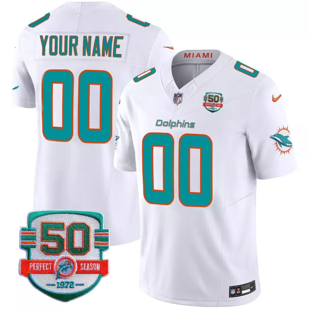 Miami Dolphins 50th Perfect Season Vapor Custom Jersey | Stitched White | Limited Edition Fan Gear | For Men, Women & Youth