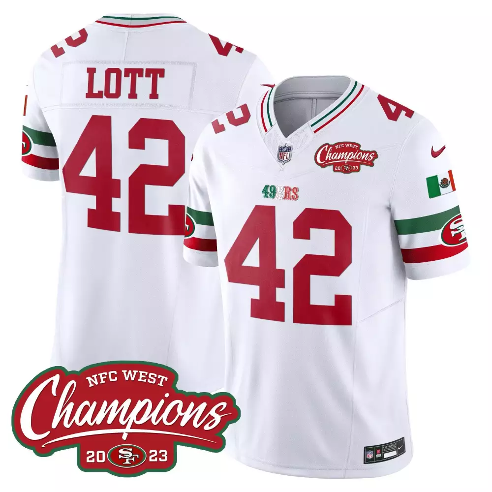 Ronnie Lott San Francisco 49ers White Jersey | Mexico 2023 NFC West Champions Patch | Vapor Style for Men, Women & Youth