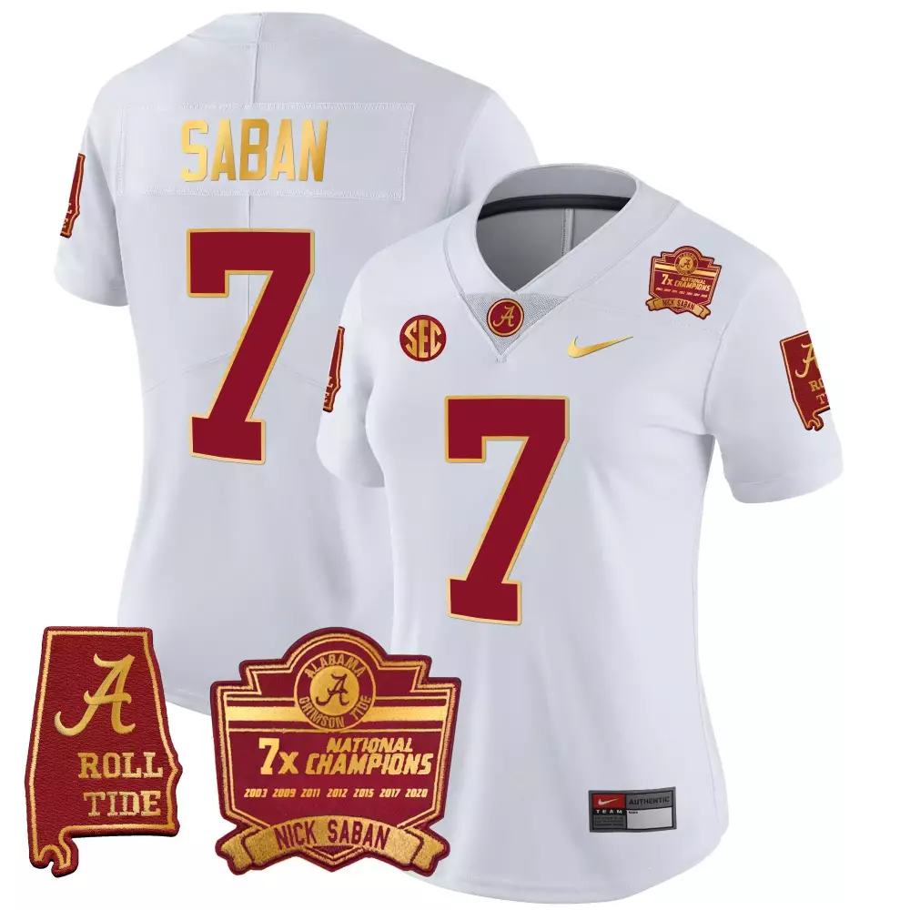 Nick Saban Alabama Crimson Tide 7X Champions Patch Gold Trim Jersey for Women | Stitched Fan Gear for Game Day