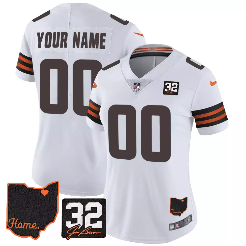 Jim Brown Cleveland Browns White Women's Custom Jersey V3 | Memorial Home Patch Stitched Fan Gear | For Men, Women & Youth