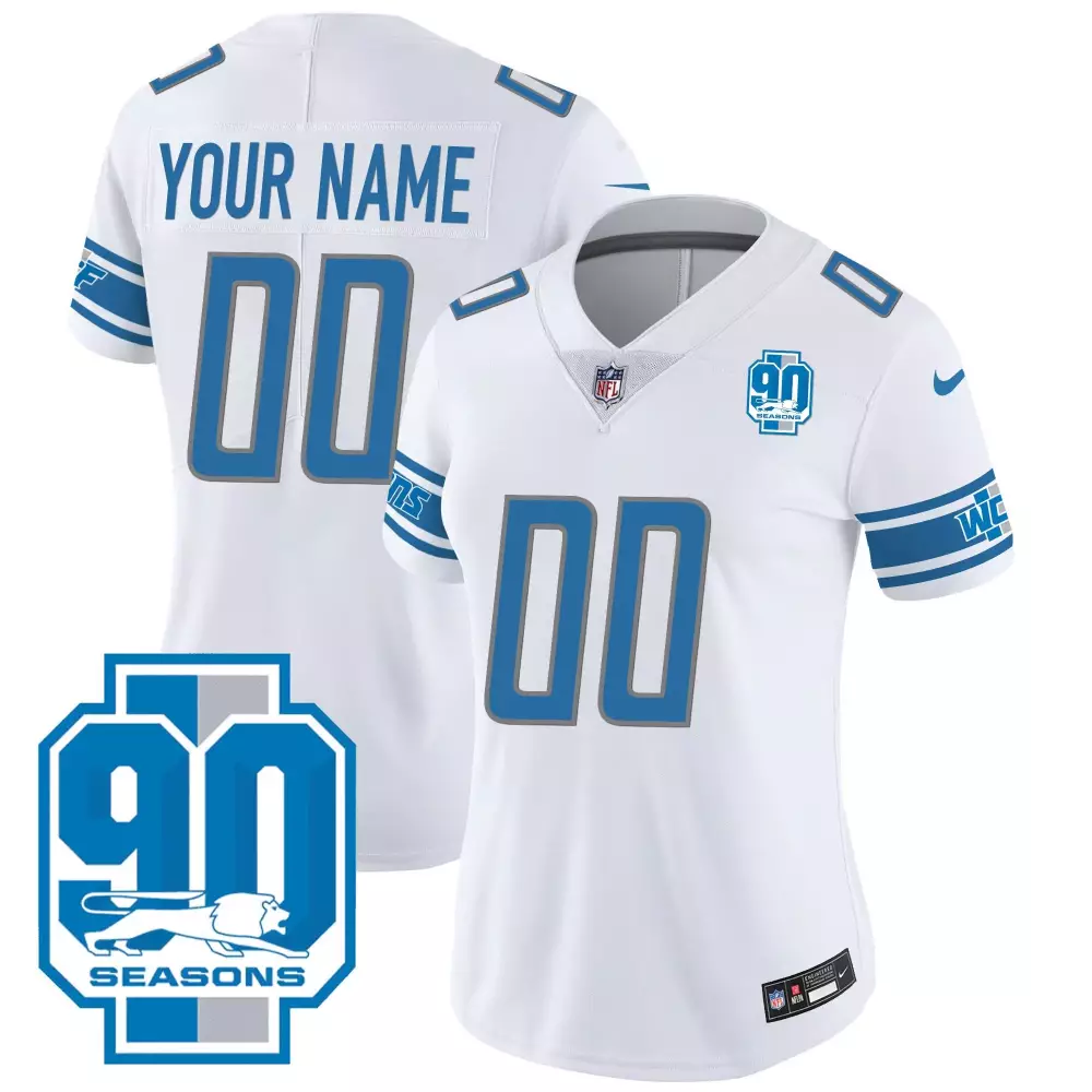 90th Year Patch Detroit Lions Women's Custom Jersey | All Stitched Fan Gear | For Men, Women & Youth