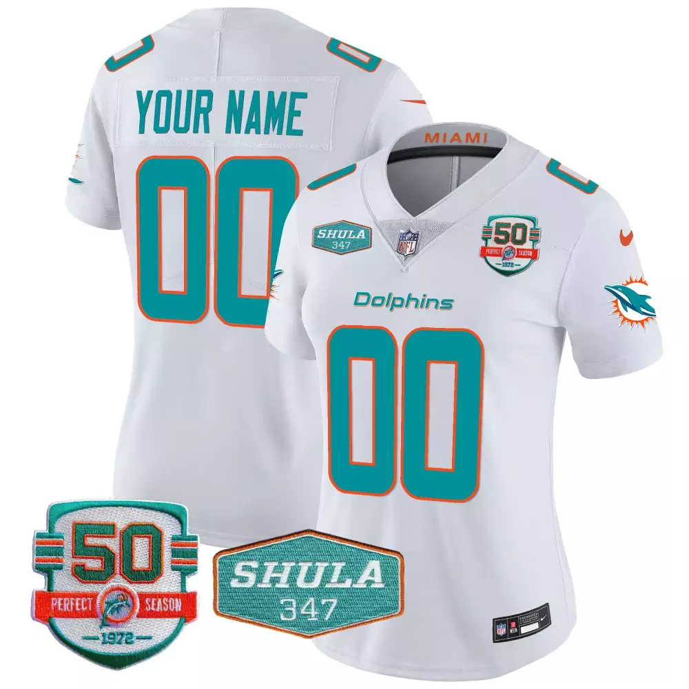 Miami Dolphins Shula 347 Patch Vapor Custom Jersey | Stitched White | Fan Gear for Women | For Women