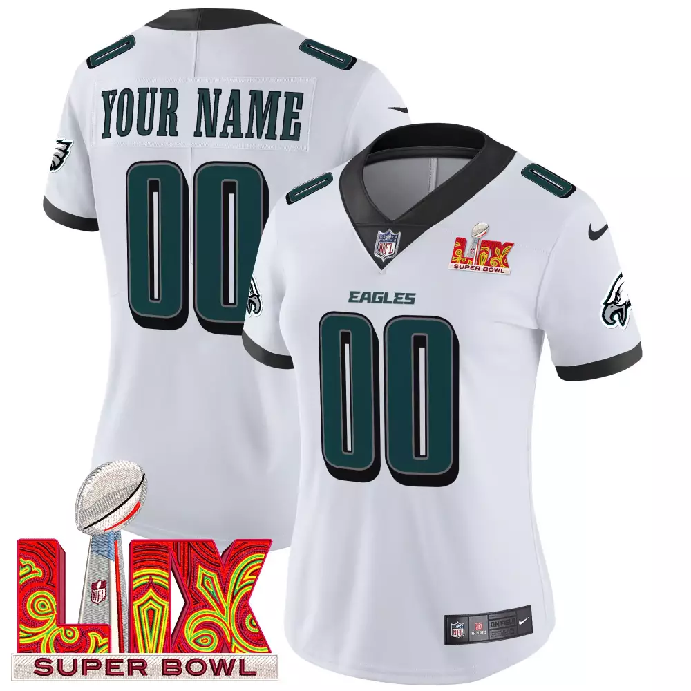 Women's Philadelphia Eagles Super Bowl LIX Patch Vapor Limited Custom Jersey | Stitched Fan Gear | For Men, Women & Youth