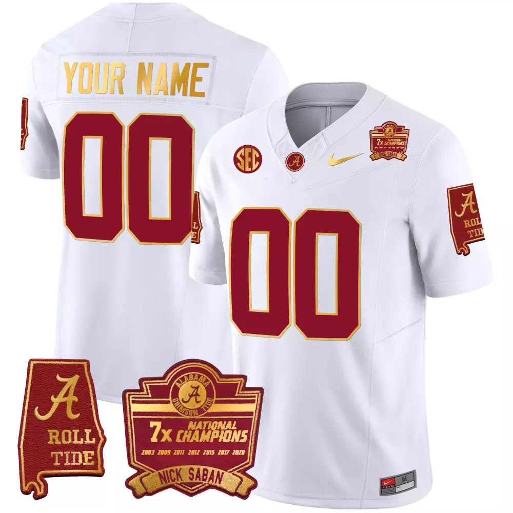 Youth Alabama Crimson Tide Nick Saban 7x Champions Jersey | Gold Trim Custom Style | All Stitched | Fan Gear for Men, Women & Youth