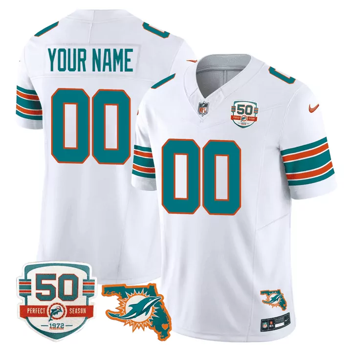 Miami Dolphins Youth Throwback 50th Perfect Season Florida Patch Vapor Custom Jersey | Stitched White | Limited Edition Fan Gear | For Men, Women & Youth