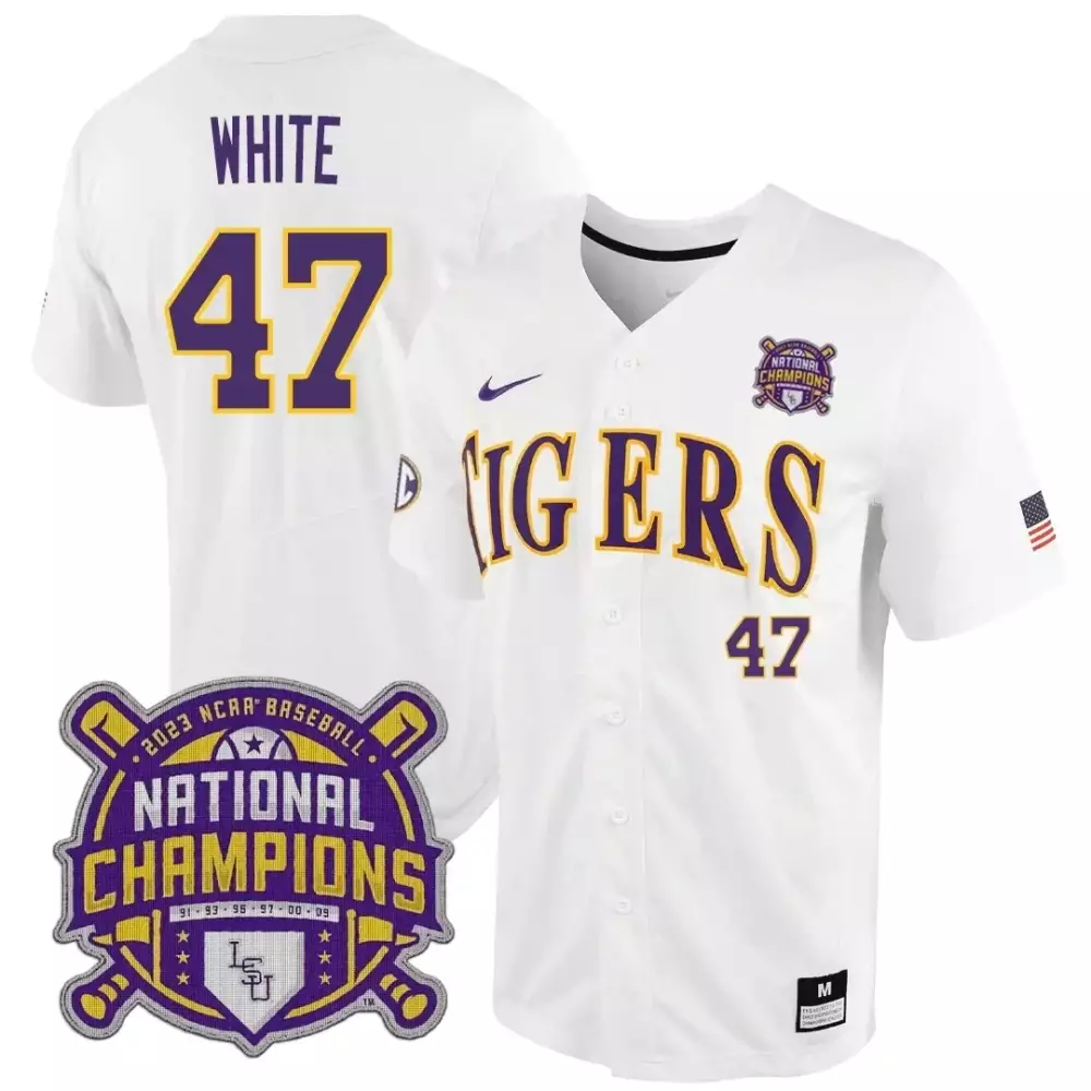 Tommy White LSU Tigers 2023 National Champions Jersey | White Stitched Fan Gear | For Men, Women & Youth