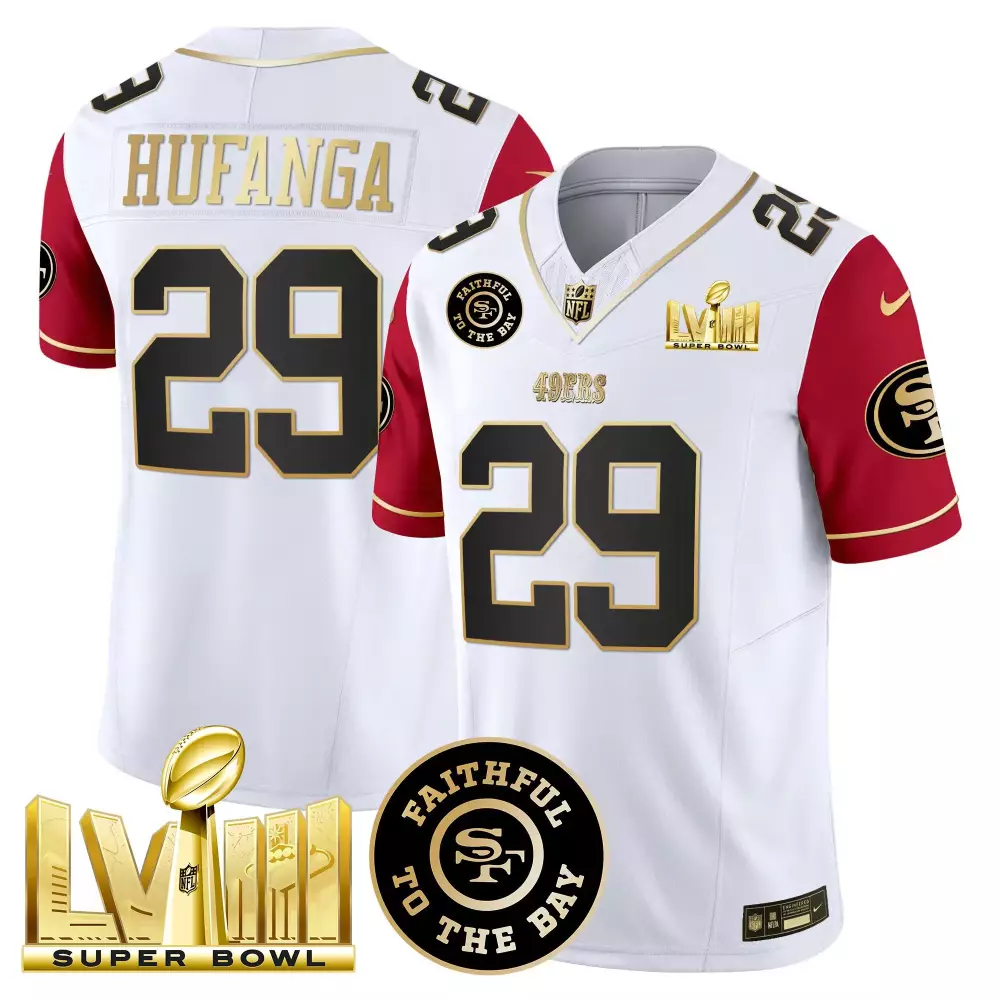 Talanoa Hufanga San Francisco 49ers Men's Super Bowl LVIII Gold Patch Jersey | Stitched White and Red Vapor Edition | Fan Gear for Men, Women & Youth