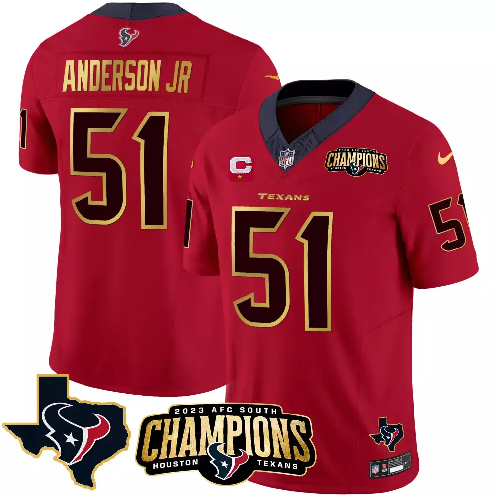 Will Anderson Jr. Houston Texans 2023 AFC South Champions Red Men's Gold Trim Jersey | Stitched Vapor Fan Gear | For Men, Women & Youth