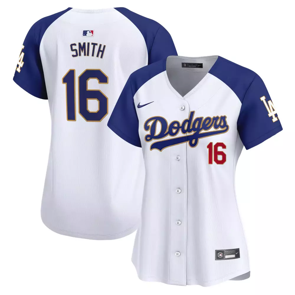 Will Smith Dodgers Gold Trim Vapor Premier Limited Jersey | Stitched White Edition | For Women
