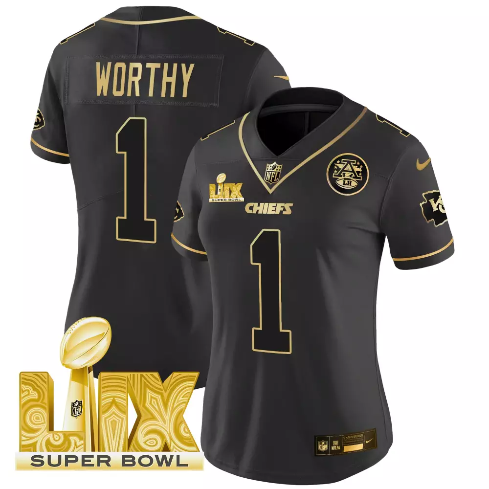 Xavier Worthy Black Gold Women's Kansas City Chiefs Super Bowl LIX Jersey | Limited Edition Gold Patch Vapor | Fan Gear for Men, Women & Youth