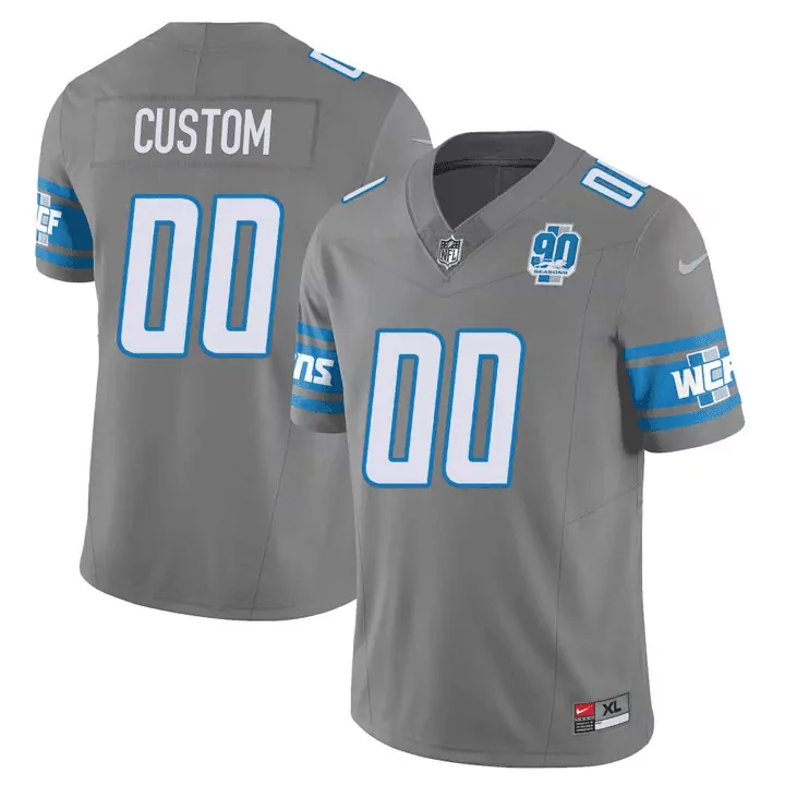 Youth Gray Detroit Lions 90th Year Patch Custom Jersey | Vapor | All Stitched | Fan Gear for Men, Women & Youth