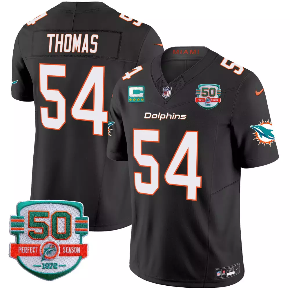 Zach Thomas Black Miami Dolphins 50th Anniversary Jersey | Perfect Season Patch | Stitched Vapor Edition | Fan Gear for Men, Women & Youth