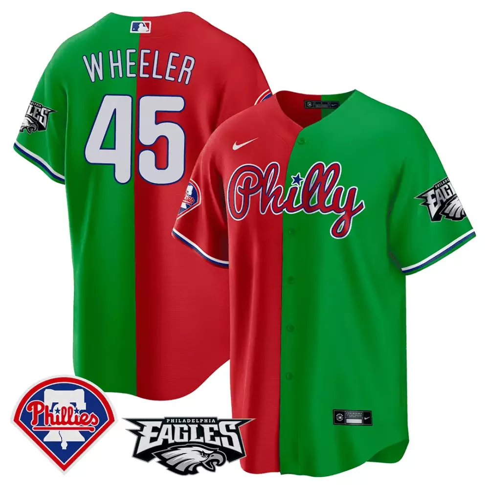 Zack Wheeler Philadelphia Phillies Split Cool Base Jersey | Red & Green | Stitched Fan Gear for Men, Women & Youth