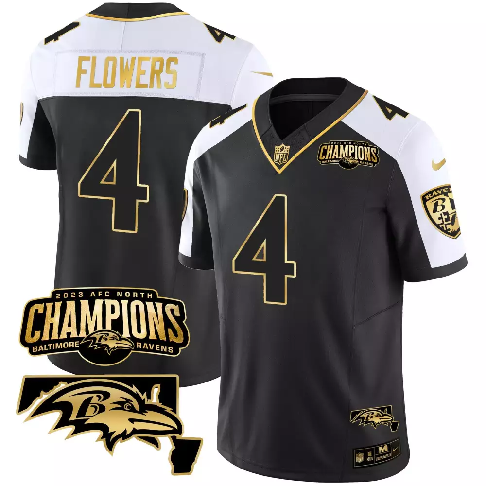 Zay Flowers Baltimore Ravens 2023 AFC North Champions Jersey | Men's Gold Stitched Vapor Fan Gear | For Men, Women & Youth