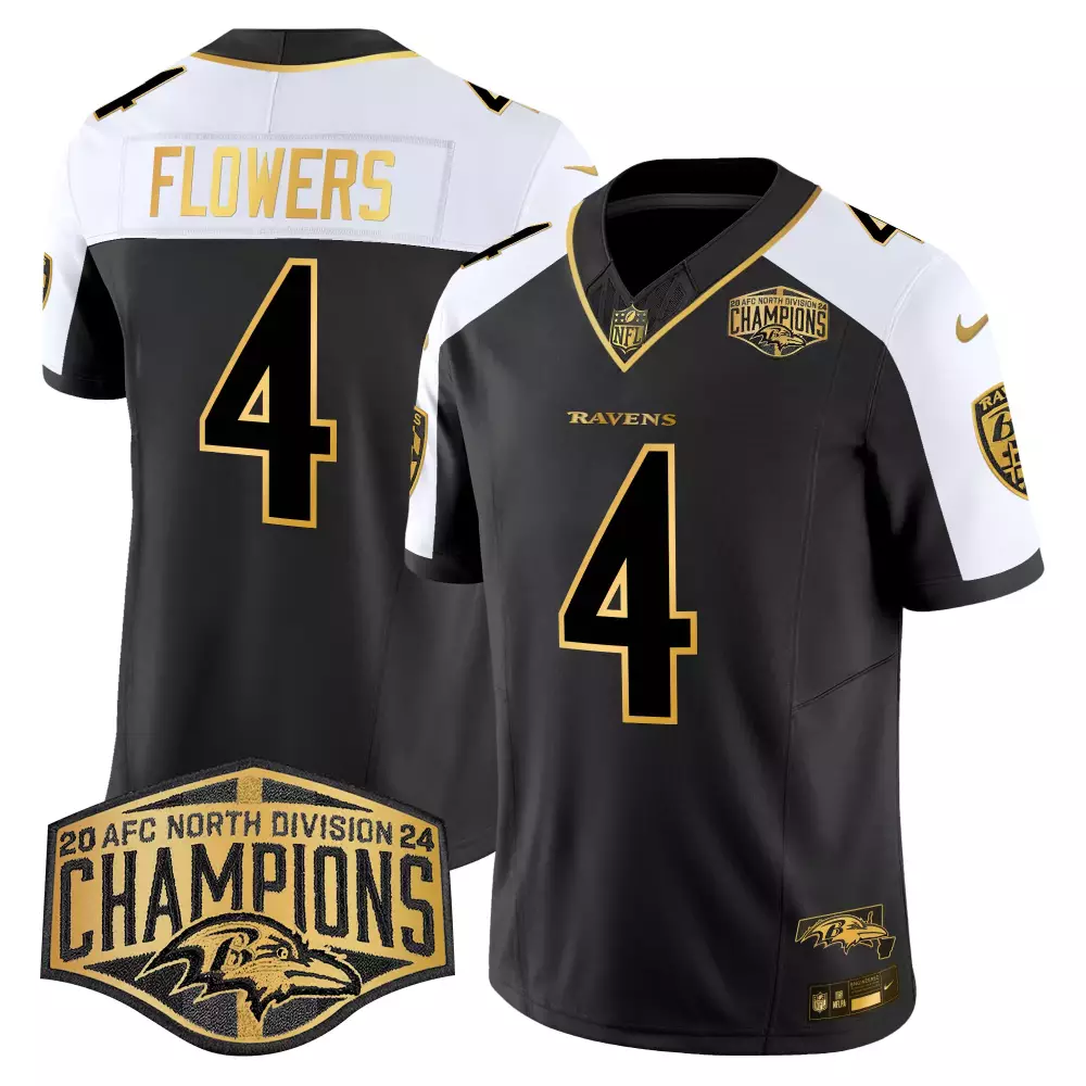Zay Flowers Baltimore Ravens 2024 AFC North Champions Jersey | Men's Gold Stitched Vapor Limited Edition | For Men, Women & Youth