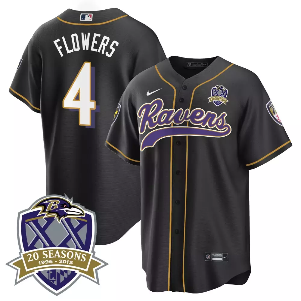 Zay Flowers Baltimore Ravens 20th Season Patch Baseball Jersey | Black Stitched Fan Gear | For Men, Women & Youth