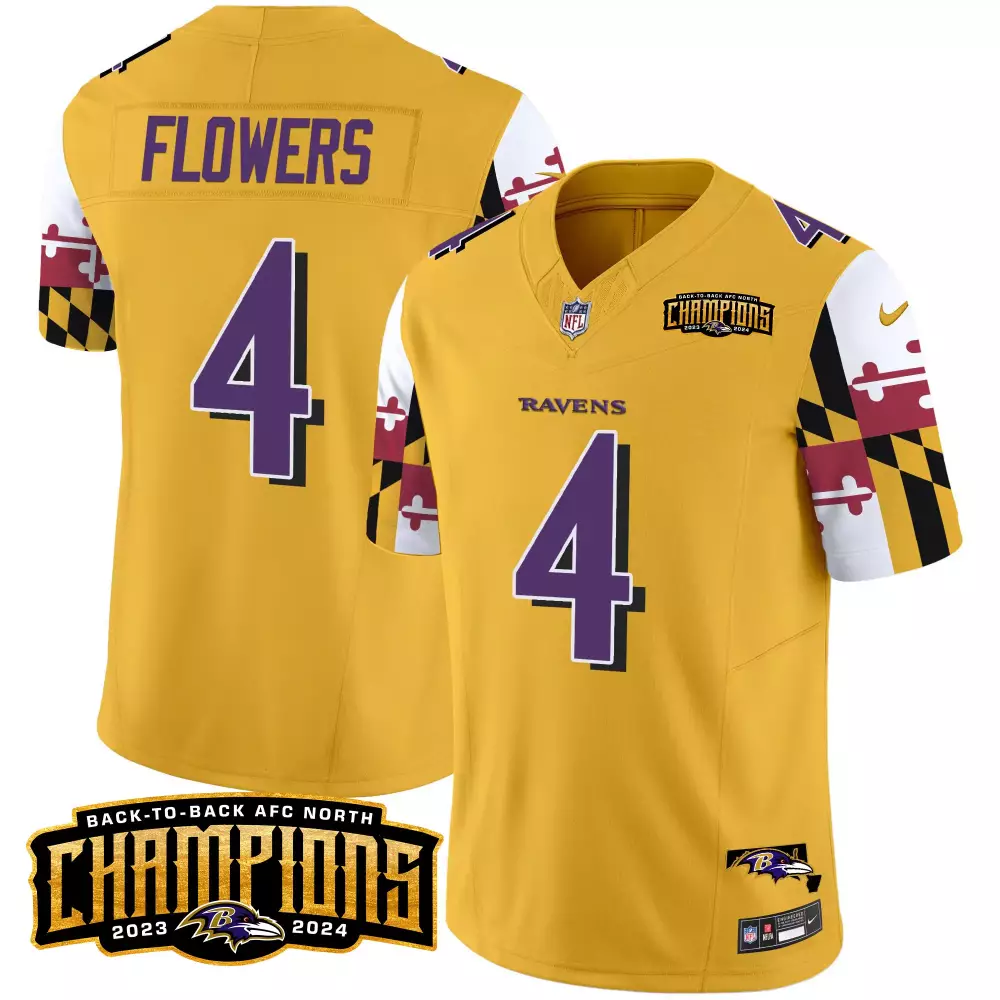 Zay Flowers Baltimore Ravens Gold Men's Back to Back AFC North Champions Jersey | Stitched Vapor Limited | Fan Gear for Men & Youth