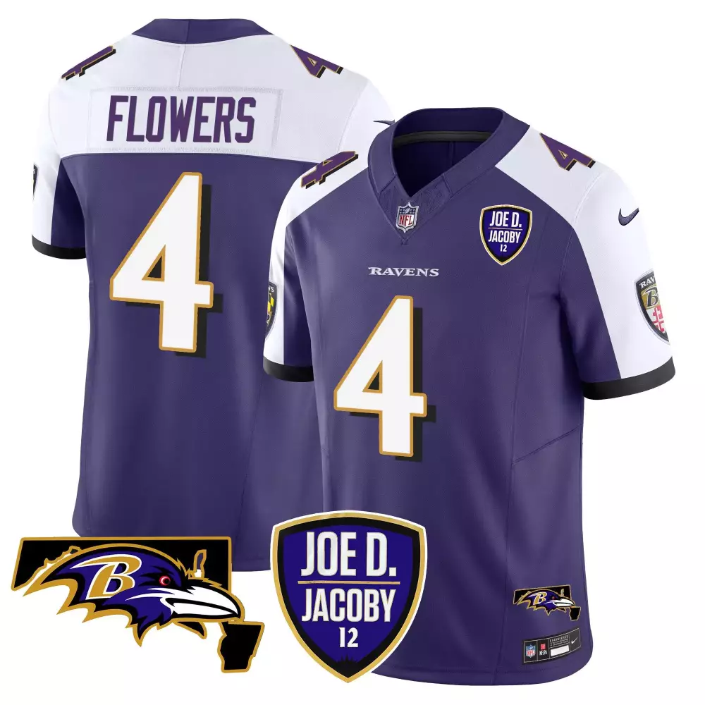 Zay Flowers Baltimore Ravens Jersey | Joe D Jacoby Patch Limited Edition Purple Alternate | For Men, Women & Youth