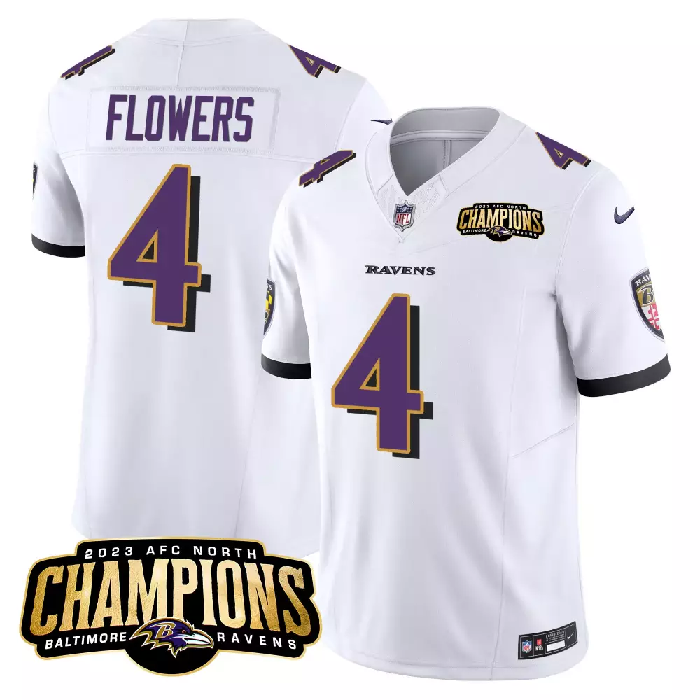 Zay Flowers Baltimore Ravens White Men's 2023 AFC North Champions Patch Vapor Limited Jersey | Stitched Fan Gear for Game Day | For Men, Women & Youth