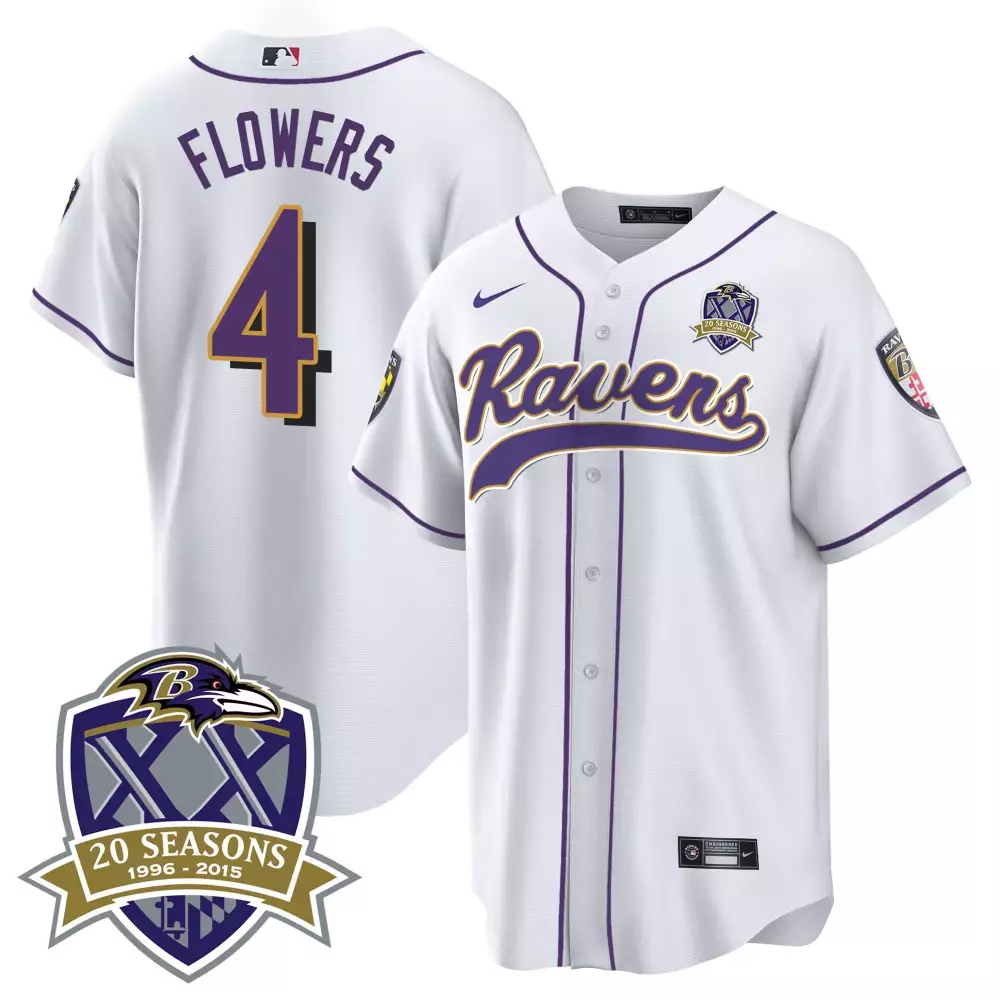 Zay Flowers Baltimore Ravens White Men's 20th Season Patch Baseball Jersey | Stitched Fan Gear for Game Day | For Men, Women & Youth