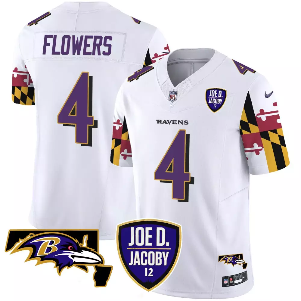 Zay Flowers Baltimore Ravens White Men's Joe D Jacoby Patch Vapor Limited Jersey V2 | Stitched Fan Gear for Game Day | For Men, Women & Youth